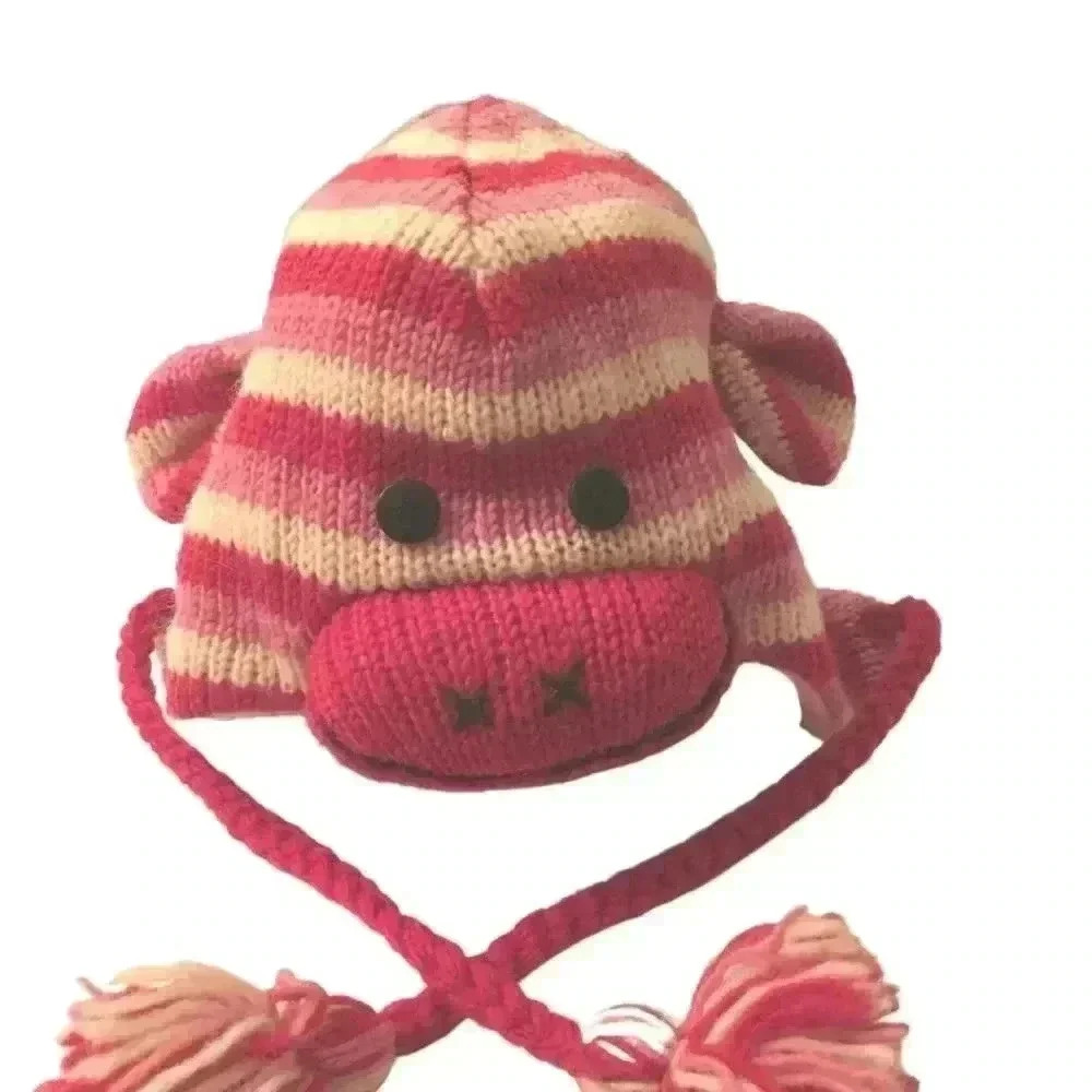 DeLux Wool Pink and White Girl's Animal Hat with Pom Pom Ties